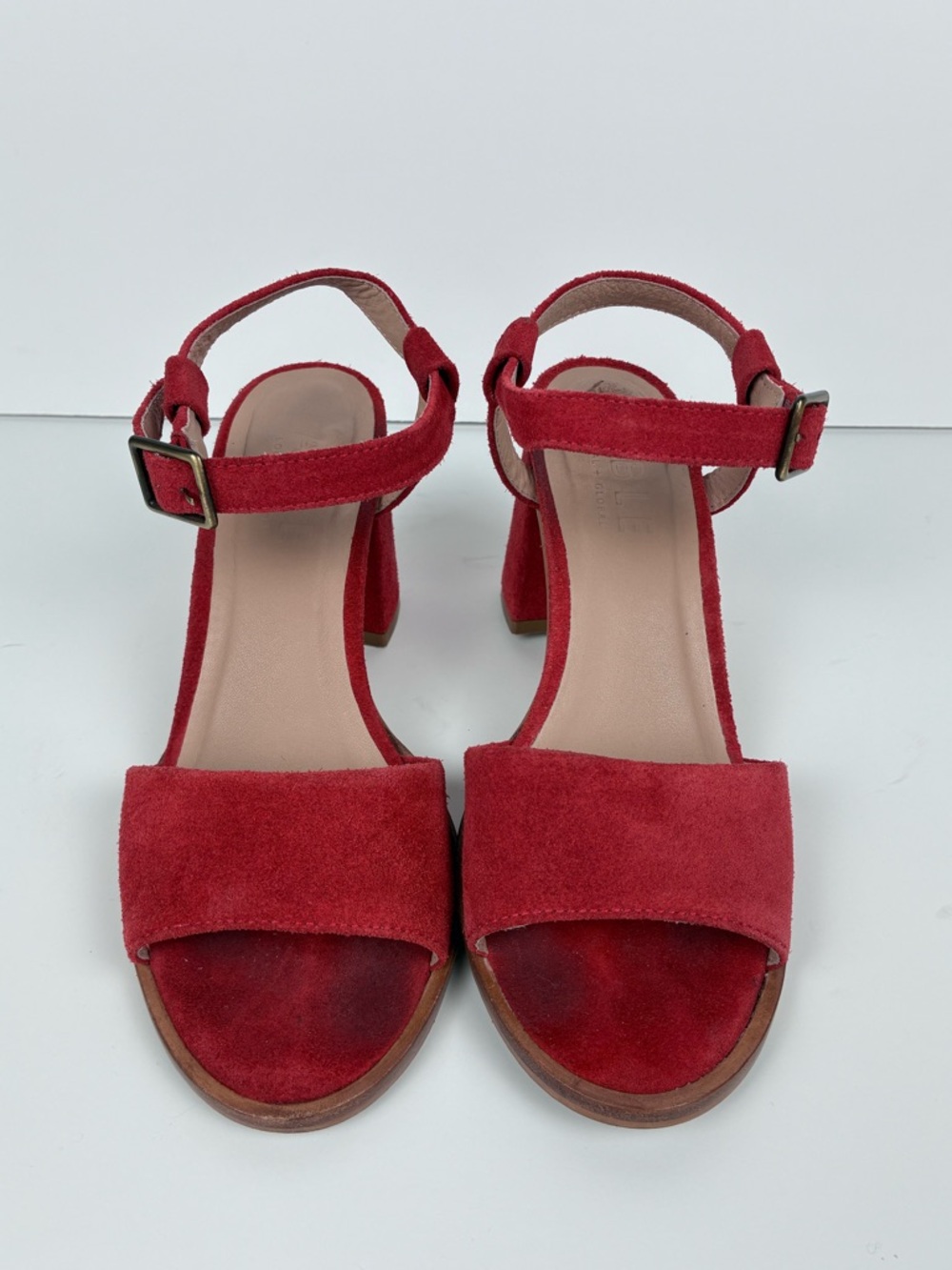 ABLE Red Suede Block Heel Sandals with Ankle Strap Size 6.5